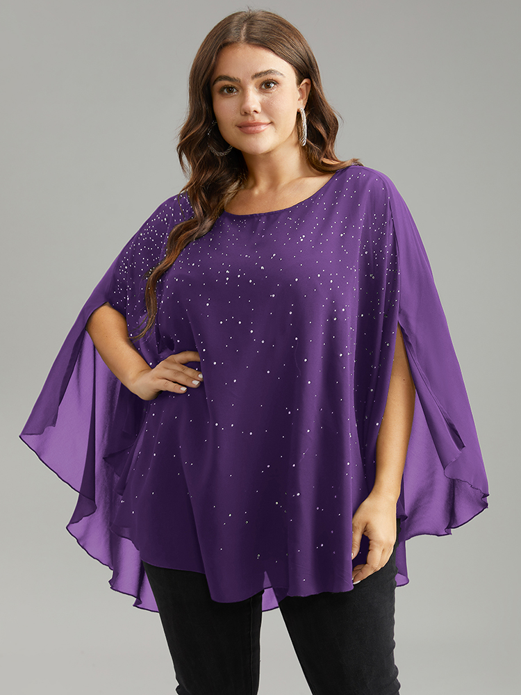 

Plus Size Purple Chiffon Rhinestone Split Dolman Sleeve Blouse Women Cocktail Elbow-length sleeve Round Neck Party Blouses BloomChic