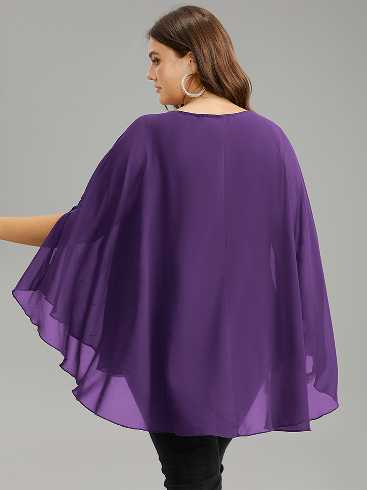 Plus Size Purple Chiffon Rhinestone Split Dolman Sleeve Blouse Women Cocktail Elbow-length sleeve Round Neck Party Blouses BloomChic 12/L 