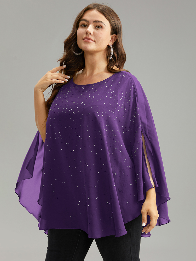 

Plus Size Purple Chiffon Rhinestone Split Dolman Sleeve Blouse Women Cocktail Elbow-length sleeve Round Neck Party Blouses BloomChic