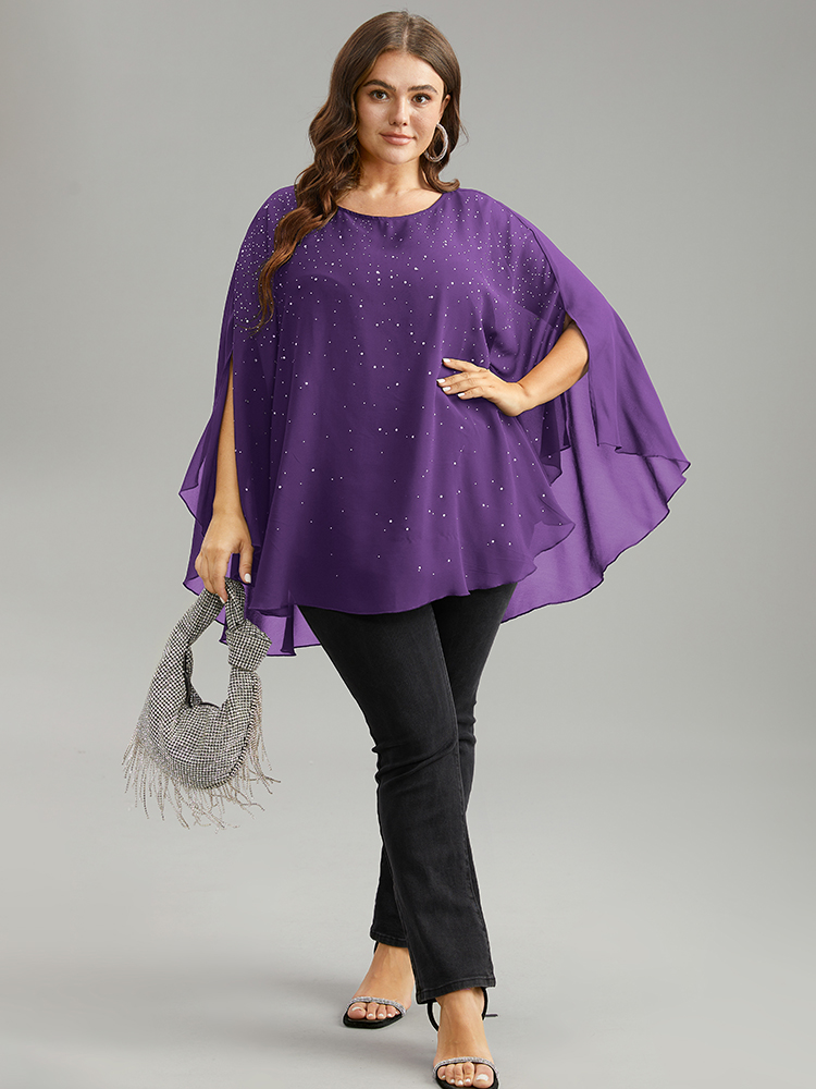Plus Size Purple Chiffon Rhinestone Split Dolman Sleeve Blouse Women Cocktail Elbow-length sleeve Round Neck Party Blouses BloomChic 12/L 