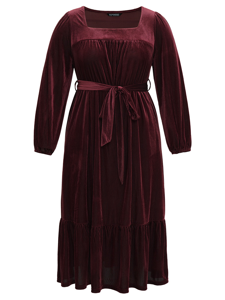 Plus Size Velvet Belted Square Neck Gathered Dress Russet Women Glamour Velvet Square Neck Long Sleeve Curvy Midi Dress BloomChic 14-16/1X 