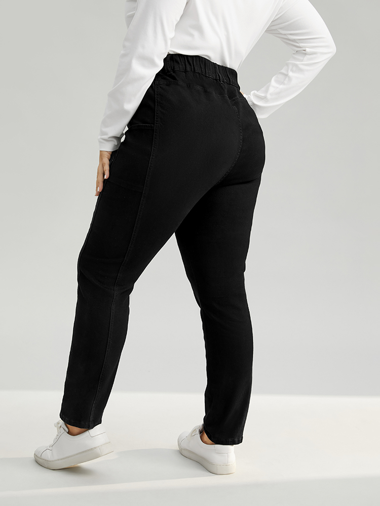 Plus Size Elastic Waist Side Pocket Skinny Jeans Women Black Casual Plain Plain High stretch Pocket Jeans BloomChic 10/M 
