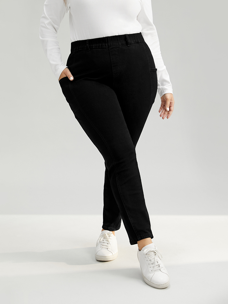 Plus Size Elastic Waist Side Pocket Skinny Jeans Women Black Casual Plain Plain High stretch Pocket Jeans BloomChic 10/M 