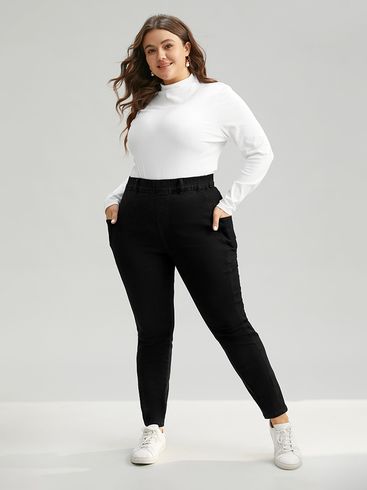 Plus Size Elastic Waist Side Pocket Skinny Jeans Women Black Casual Plain Plain High stretch Pocket Jeans BloomChic 10/M 