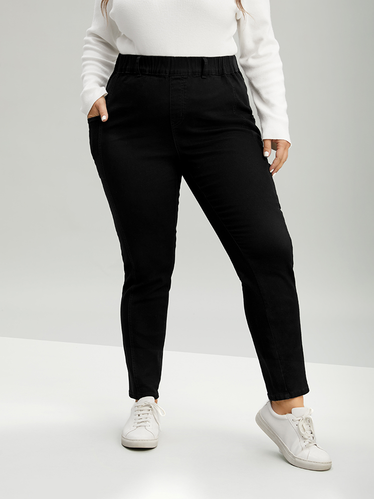 Plus Size Elastic Waist Side Pocket Skinny Jeans Women Black Casual Plain Plain High stretch Pocket Jeans BloomChic 10/M 