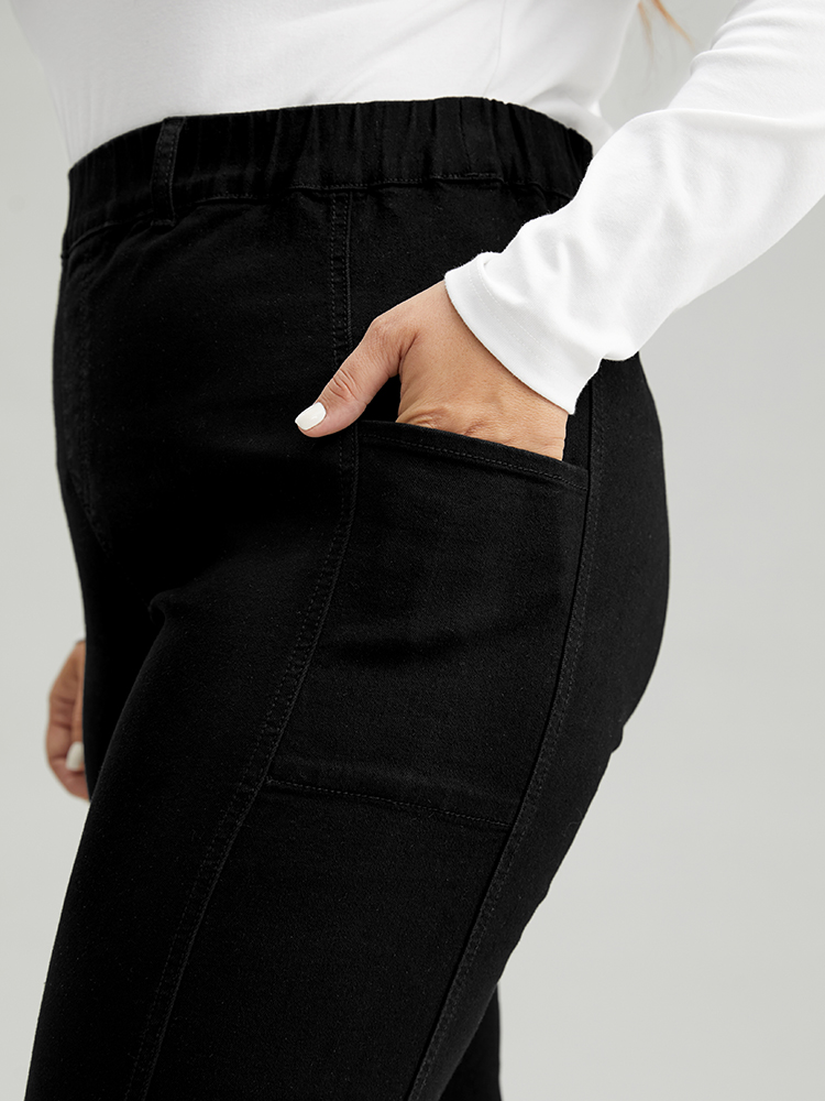 Plus Size Elastic Waist Side Pocket Skinny Jeans Women Black Casual Plain Plain High stretch Pocket Jeans BloomChic 10/M 
