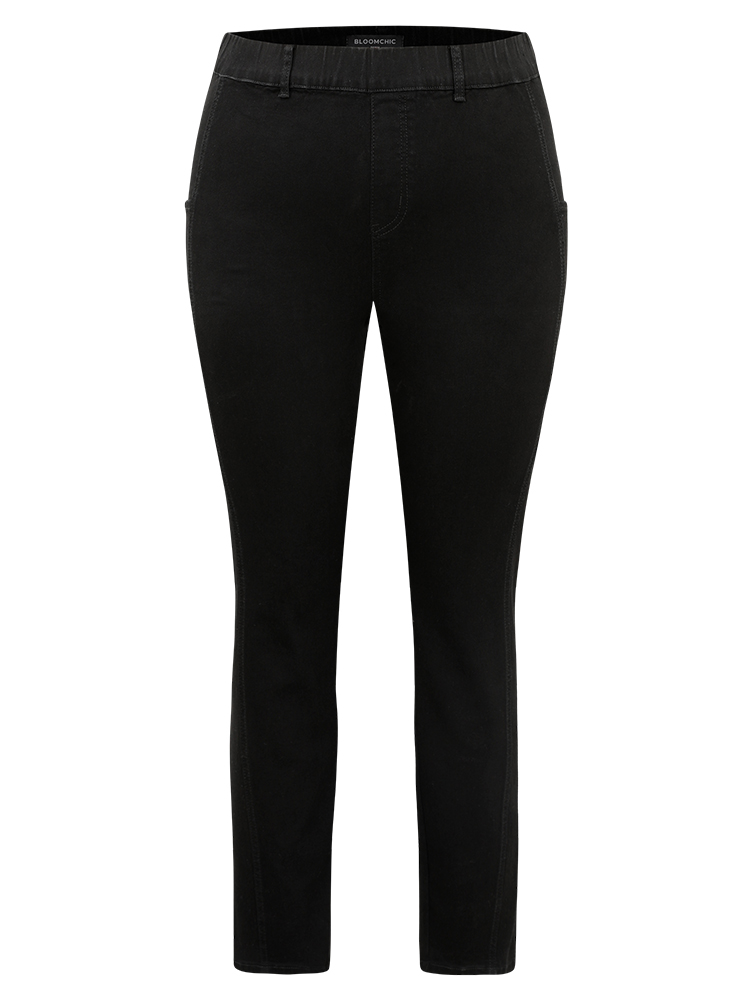 Plus Size Elastic Waist Side Pocket Skinny Jeans Women Black Casual Plain Plain High stretch Pocket Jeans BloomChic 10/M 