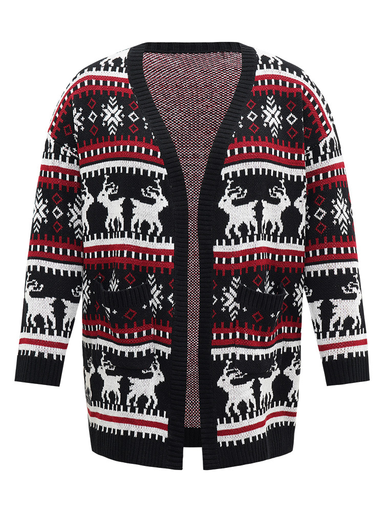 

Plus Size Christmas Elk Open Front Pocket Cardigan Black Women Casual Loose Long Sleeve Festival-Christmas Cardigans BloomChic