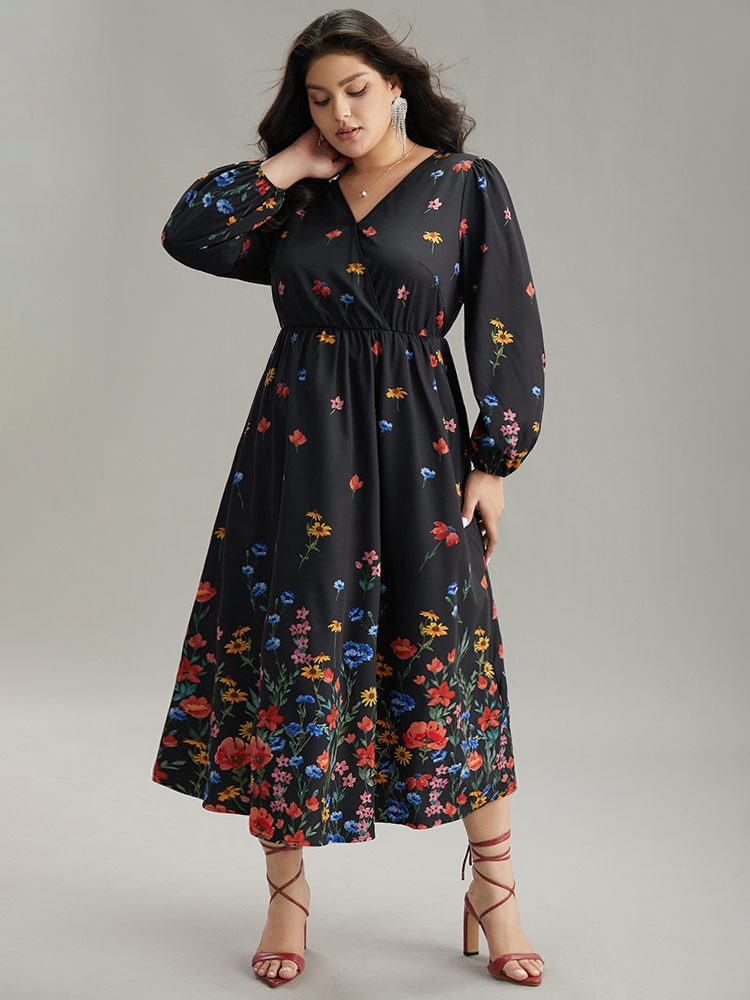 Plus Size Women Dailywear Bohemian Print Elastic cuffs Lantern Sleeve Long Sleeve Overlap Collar Pocket Elegant Dresses BloomChic 
