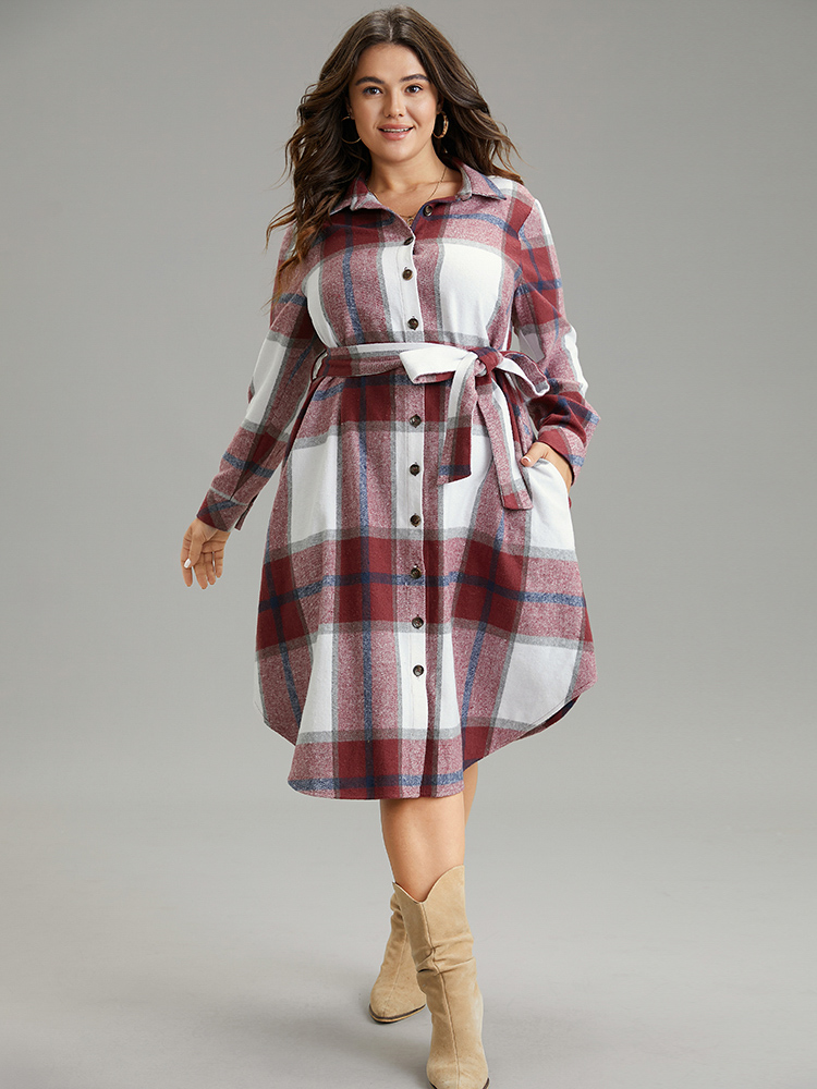 

Plus Size Plaid Shirt Collar Button Through Belted Dress Scarlet Women Casual Belted Shirt collar Long Sleeve Curvy Midi Dress BloomChic