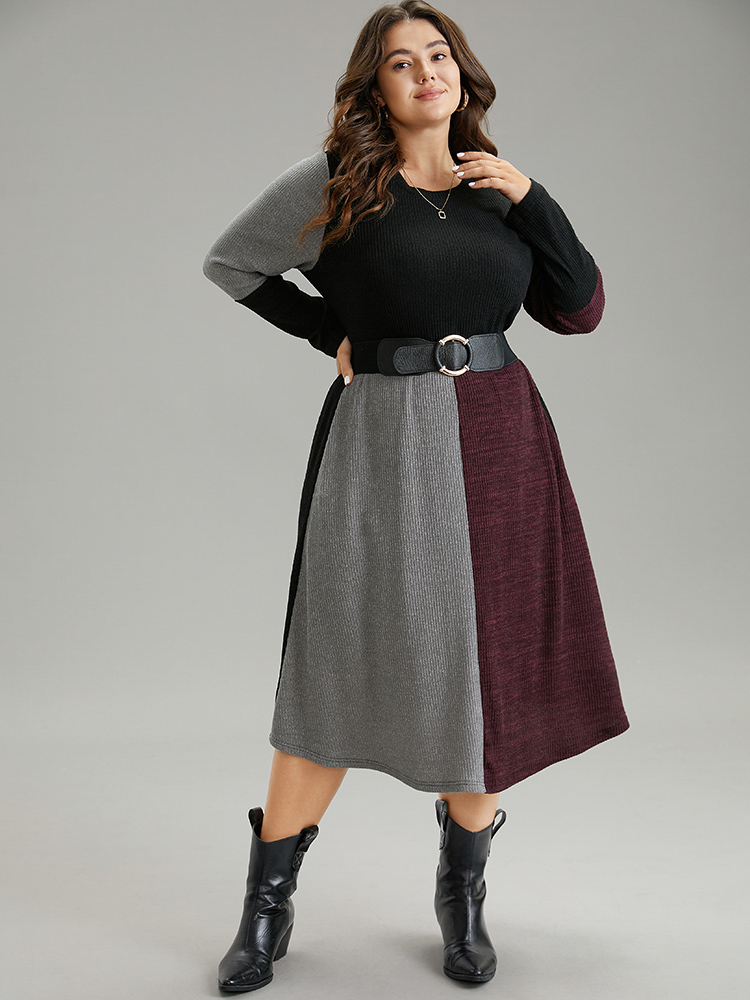 Plus Size Women Dailywear Colorblock Rib Knit Regular Sleeve Long Sleeve Round Neck Pocket Casual Dresses BloomChic 