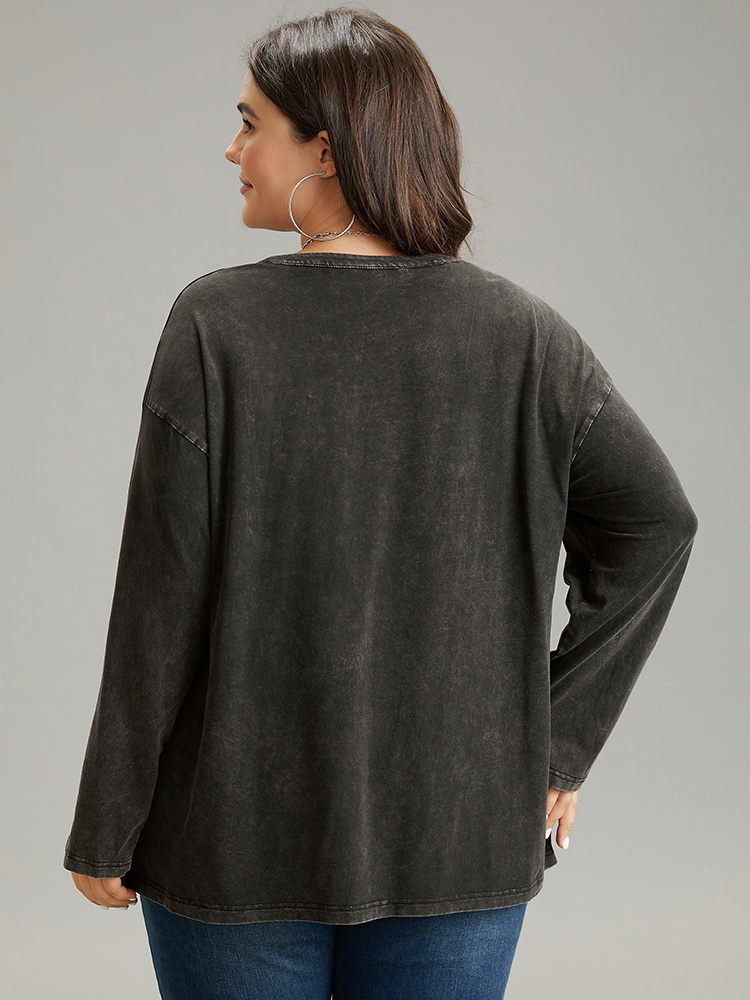 Plus Size Vintage Roll Tab Sleeve Button Up T-shirt Black Women Casual Plain Plain V-neck Dailywear T-shirts BloomChic 28/5X 