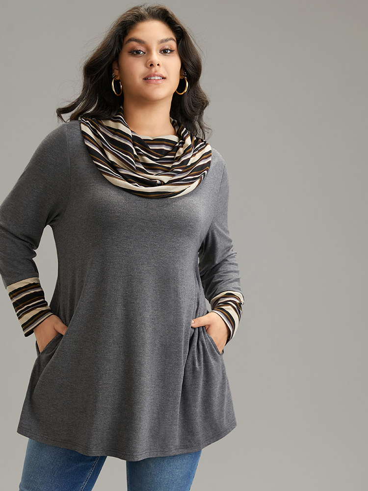 

Plus Size Striped Patchwork Contrast Cowl Neck T-shirt DimGray Cowl Neck Long Sleeve Casual Jersey Tops