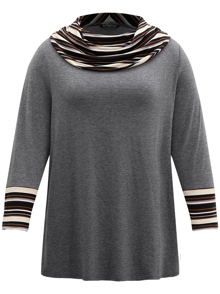 

Plus Size Striped Patchwork Contrast Cowl Neck T-shirt DimGray Cowl Neck Long Sleeve Casual Jersey Tops