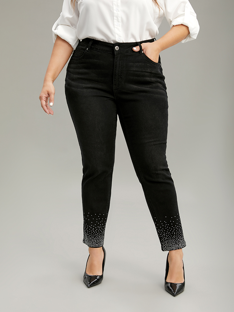 

Plus Size Rhinestone Detail Black Wash Jeans Women DimGray Casual Plain Rhinestone detailing High stretch Pocket Jeans BloomChic