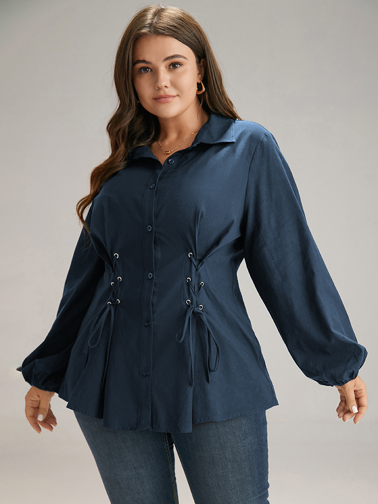 

Plus Size Indigo Cotton Shirt Collar Lace Up Blouse Women Office Long Sleeve Shirt collar Work Blouses BloomChic