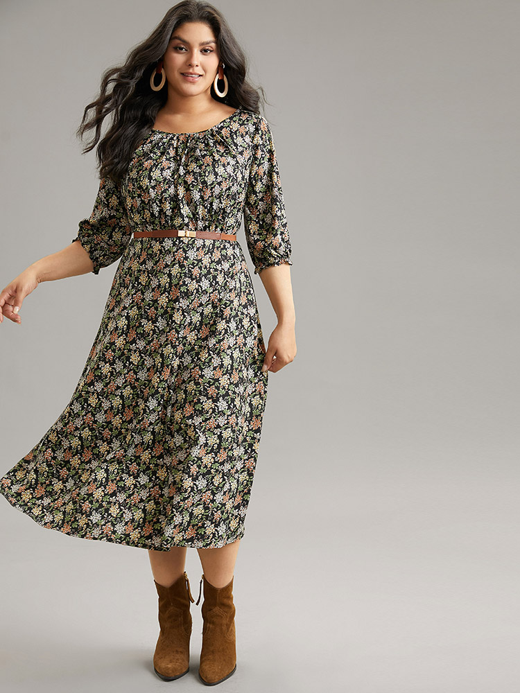 

Plus Size Ditsy Floral Elastic Waist Pleated Dress Multicolor Women Vacation Printed Round Neck Elbow-length sleeve Curvy Midi Dress BloomChic