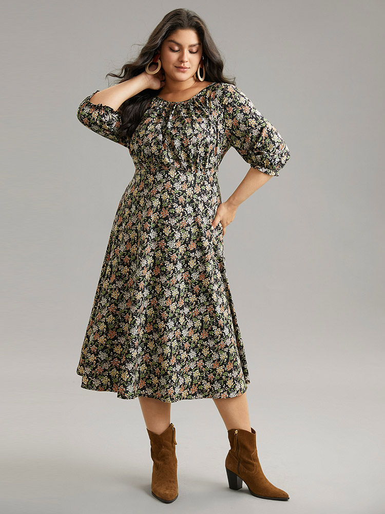 Plus Size Ditsy Floral Elastic Waist Pleated Dress Multicolor Women Vacation Printed Round Neck Elbow-length sleeve Curvy Midi Dress BloomChic 22-24/3X 