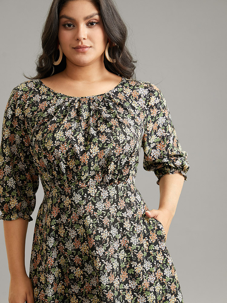 Plus Size Ditsy Floral Elastic Waist Pleated Dress Multicolor Women Vacation Printed Round Neck Elbow-length sleeve Curvy Midi Dress BloomChic 22-24/3X 