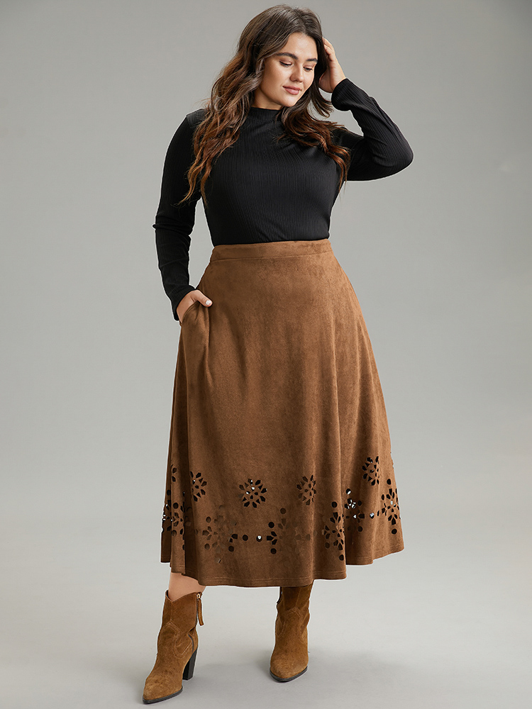 

Plus Size Plain Elastic Waist Pocket Laser Cut Skirt Women DarkBrown Office Plain No stretch Pocket Work Skirts BloomChic