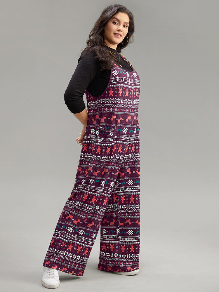 Plus Size Maroon Christmas Print Adjustable Straps Jumpsuit Women Casual Sleeveless Spaghetti Strap Dailywear Loose Jumpsuits BloomChic 22-24/3X 