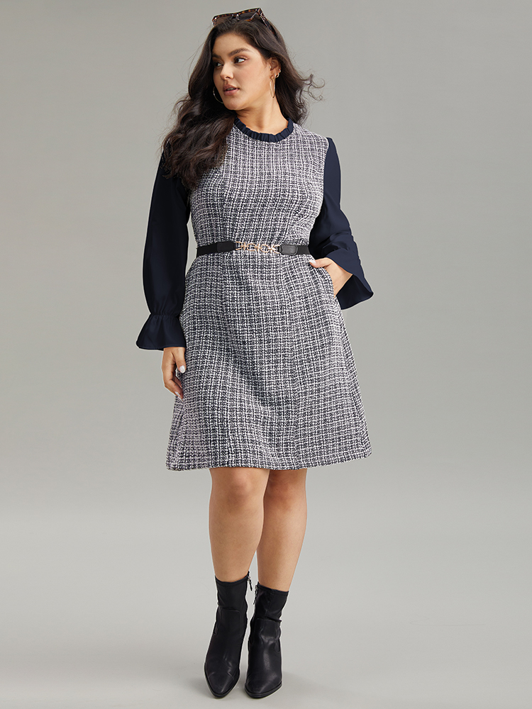 Plus Size Women Work Colorblock Texture Ruffle Sleeve Long Sleeve Mock Neck Pocket Office Dresses BloomChic 