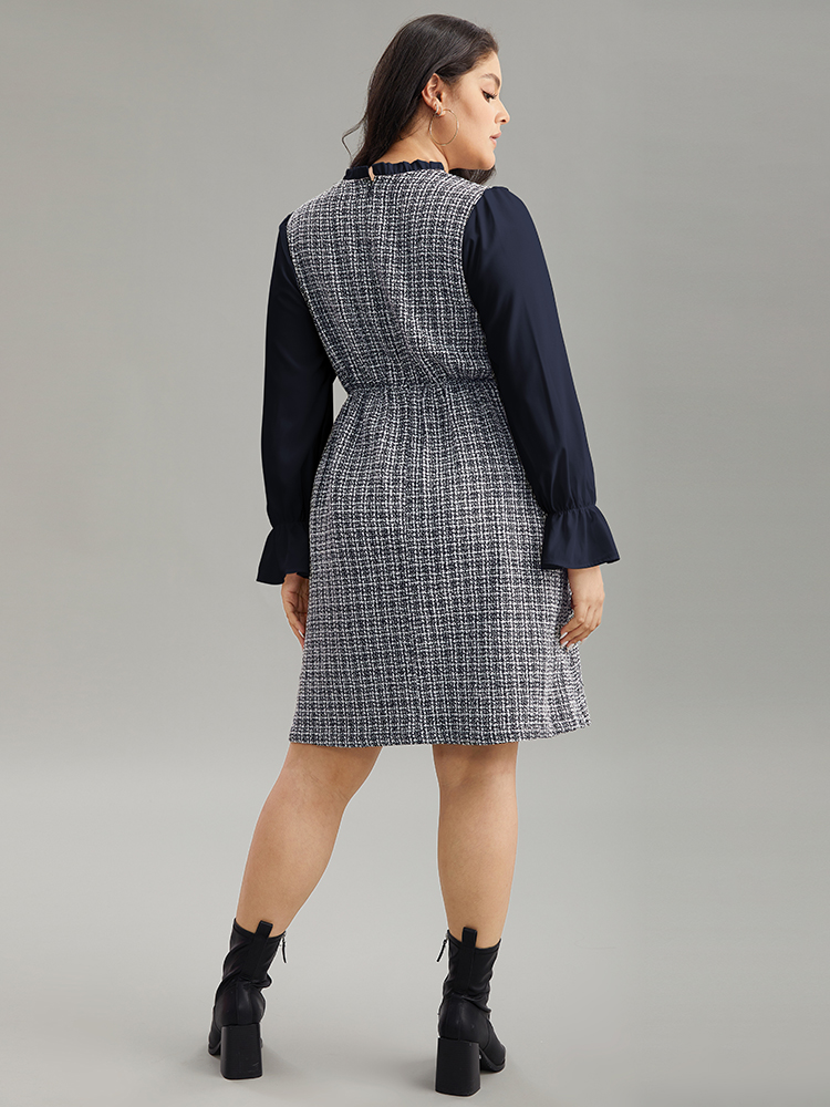 

Plus Size Plaid Patchwork Ruffle Trim Knee Dress DarkBlue Women Office Texture Mock Neck Long Sleeve Curvy Knee Dress BloomChic