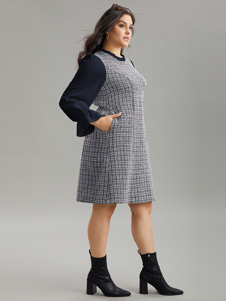 Plus Size Women Work Colorblock Texture Ruffle Sleeve Long Sleeve Mock Neck Pocket Office Dresses BloomChic 