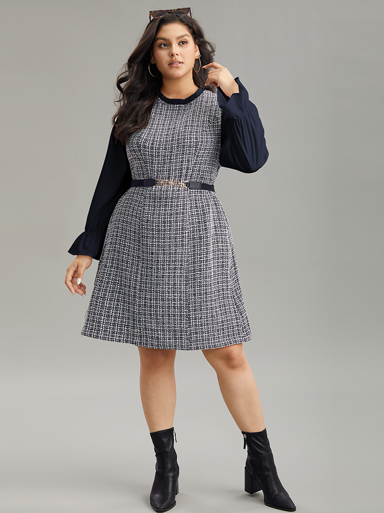 Plus Size Women Work Colorblock Texture Ruffle Sleeve Long Sleeve Mock Neck Pocket Office Dresses BloomChic 