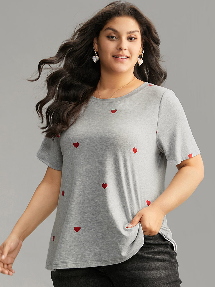 Plus Size Women Dailywear Heart Print Printed Regular Sleeve Short sleeve Round Neck Casual T-shirts BloomChic 