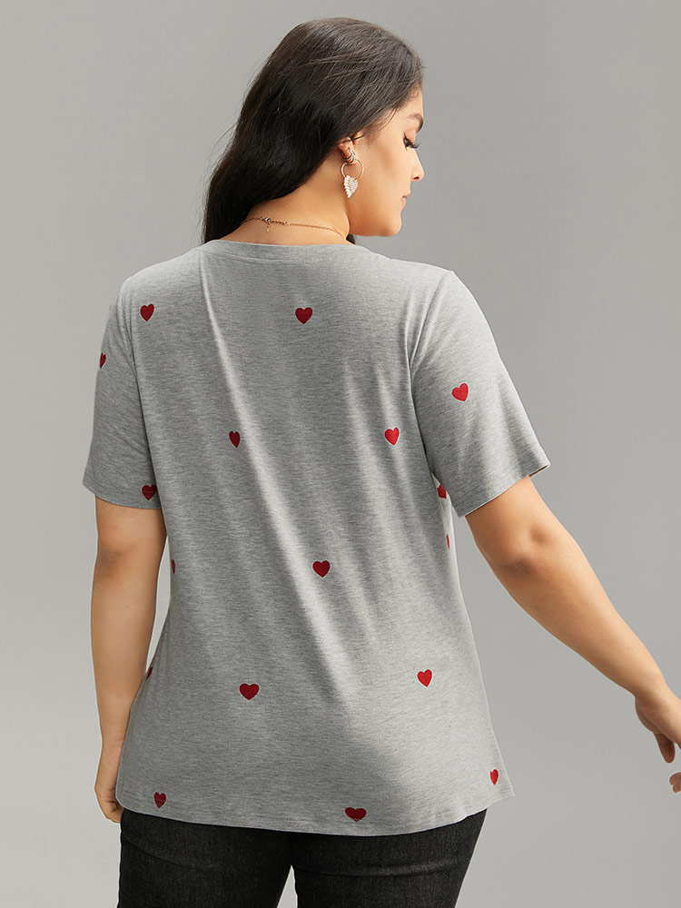 Plus Size Women Dailywear Heart Print Printed Regular Sleeve Short sleeve Round Neck Casual T-shirts BloomChic 
