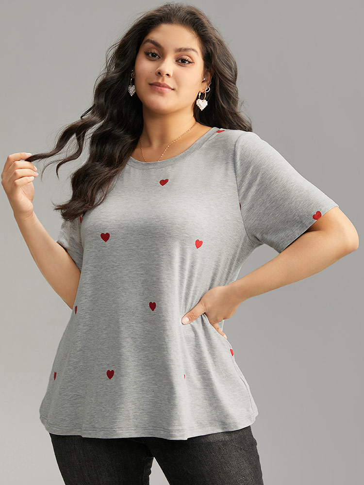 Plus Size Women Dailywear Heart Print Printed Regular Sleeve Short sleeve Round Neck Casual T-shirts BloomChic 