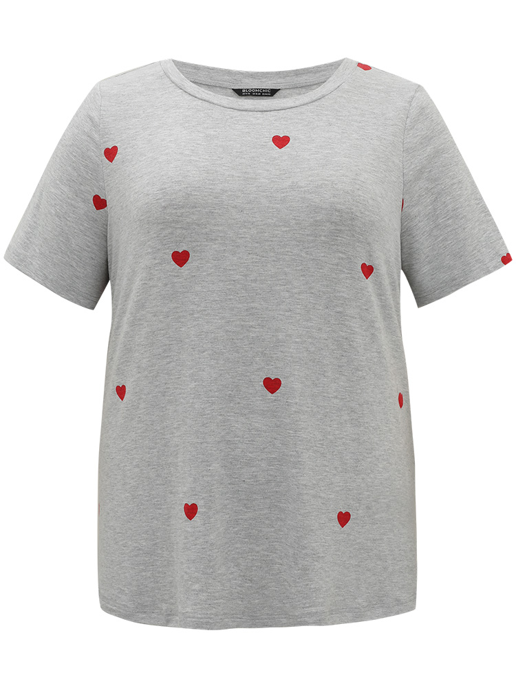 Plus Size Women Dailywear Heart Print Printed Regular Sleeve Short sleeve Round Neck Casual T-shirts BloomChic 