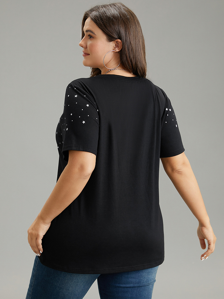 Plus Size Glitter Star Print Crew Neck T-shirt Black Women Casual Contrast Moon and Star Round Neck Dailywear T-shirts BloomChic 12/L 