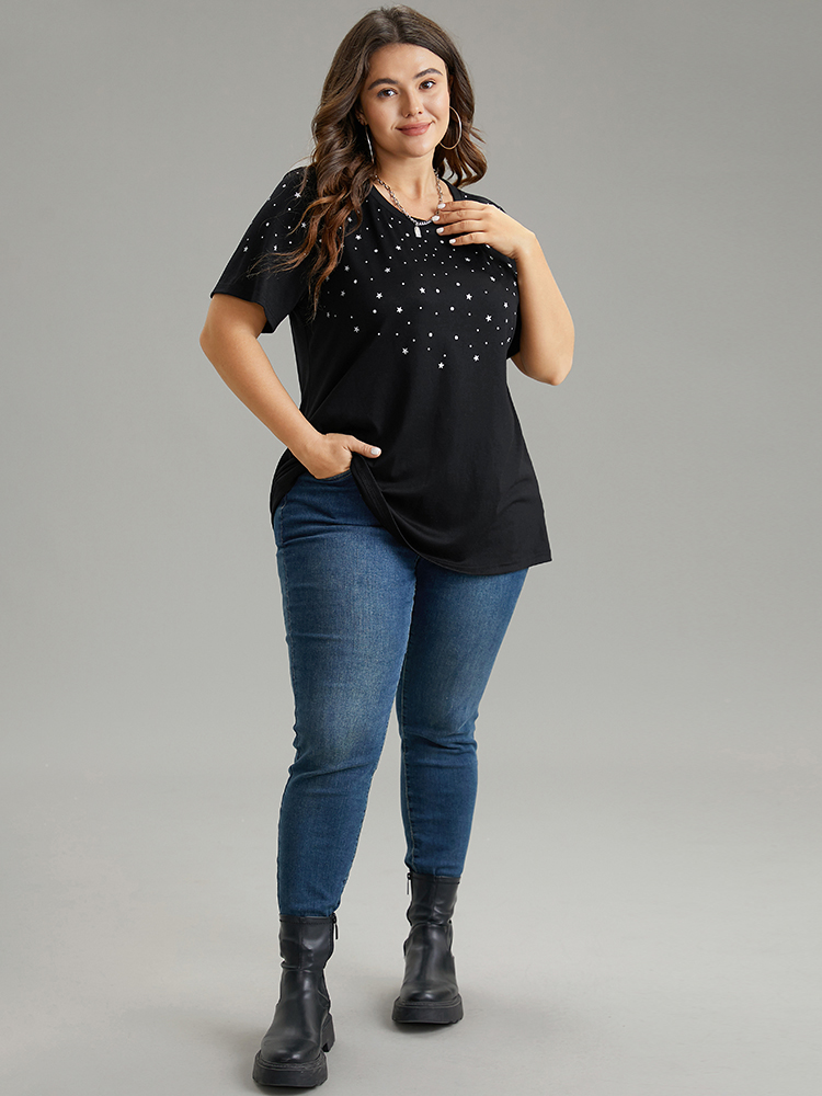 Plus Size Glitter Star Print Crew Neck T-shirt Black Women Casual Contrast Moon and Star Round Neck Dailywear T-shirts BloomChic 12/L 