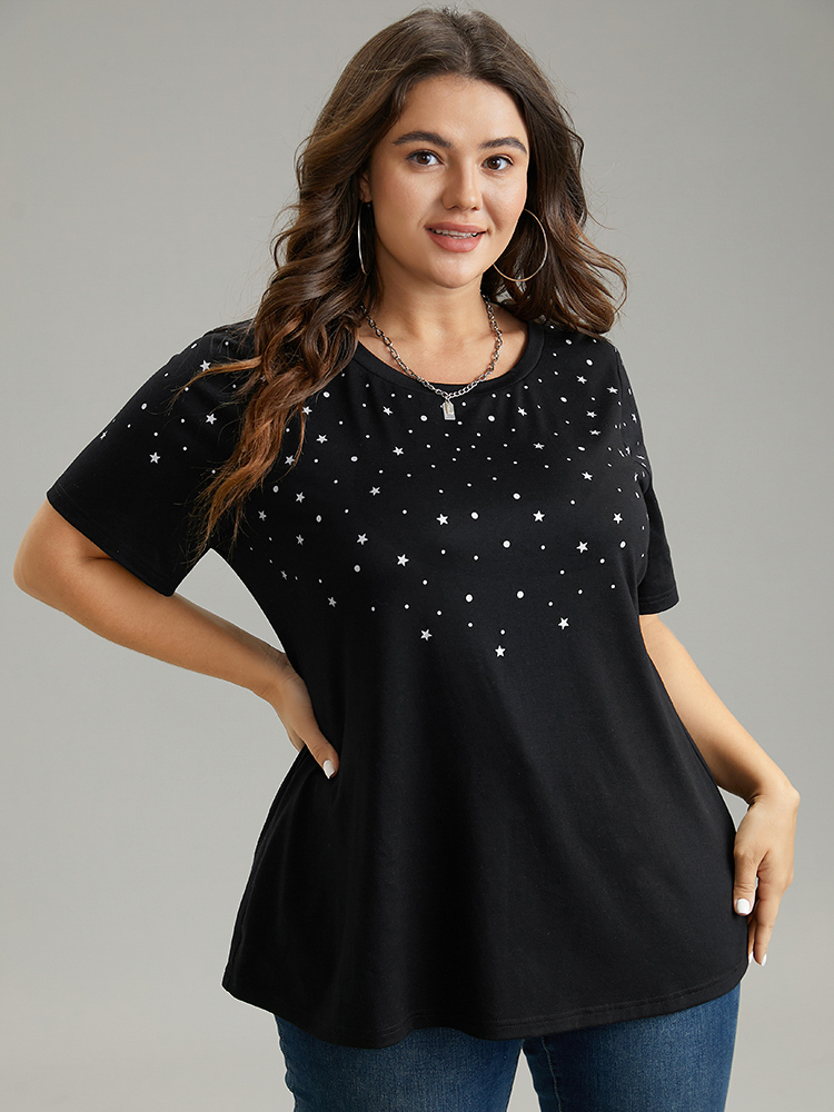 Plus Size Glitter Star Print Crew Neck T-shirt Black Women Casual Contrast Moon and Star Round Neck Dailywear T-shirts BloomChic 12/L 