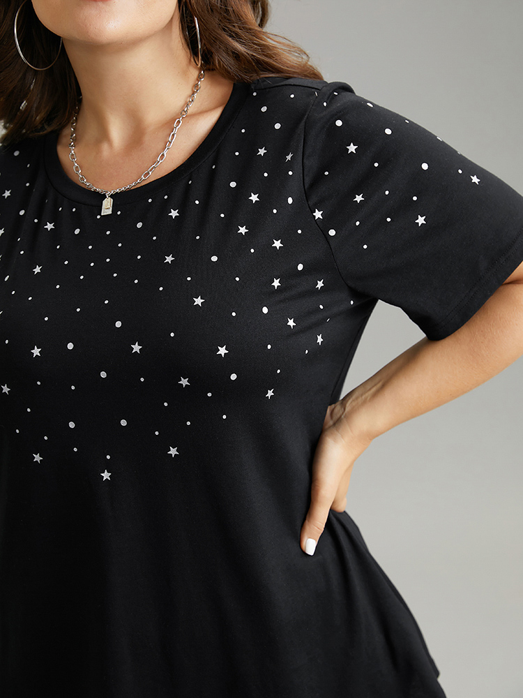 Plus Size Glitter Star Print Crew Neck T-shirt Black Women Casual Contrast Moon and Star Round Neck Dailywear T-shirts BloomChic 12/L 