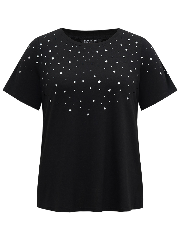Plus Size Glitter Star Print Crew Neck T-shirt Black Women Casual Contrast Moon and Star Round Neck Dailywear T-shirts BloomChic 12/L 
