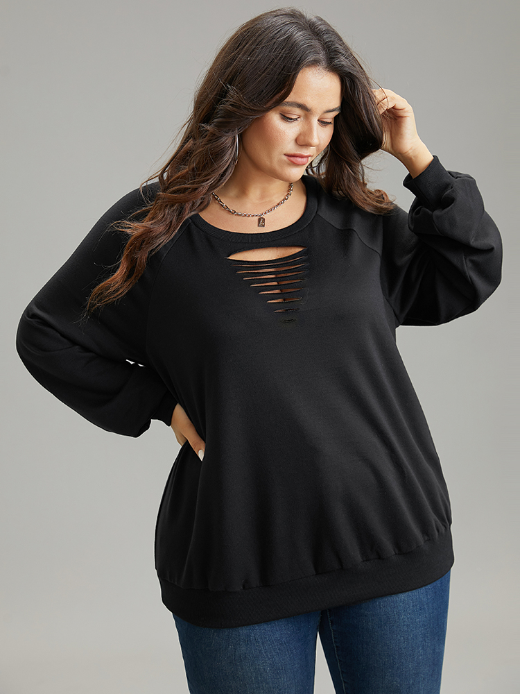 

Plus Size Solid Rib Knit Cut Out Raglan Sleeve Sweatshirt Women Black Casual Rib Knit Keyhole Cut-Out Everyday Sweatshirts BloomChic