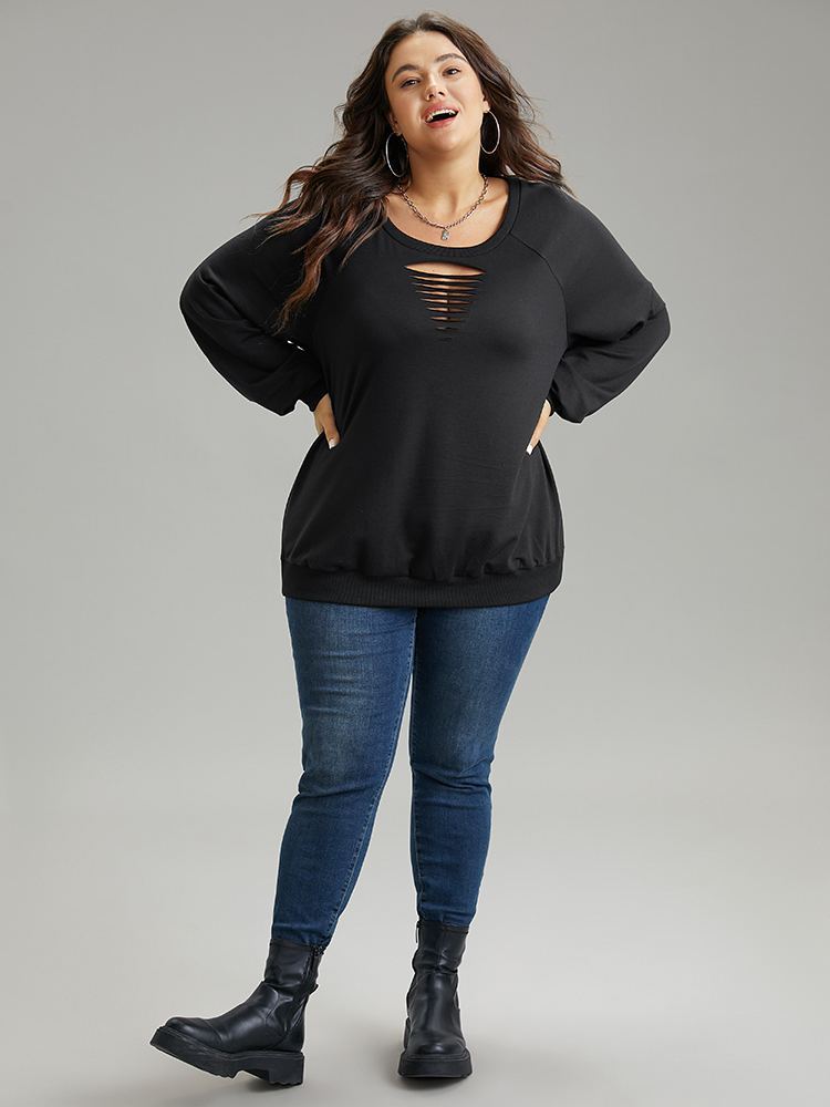 

Plus Size Solid Rib Knit Cut Out Raglan Sleeve Sweatshirt Women Black Casual Rib Knit Keyhole Cut-Out Everyday Sweatshirts BloomChic