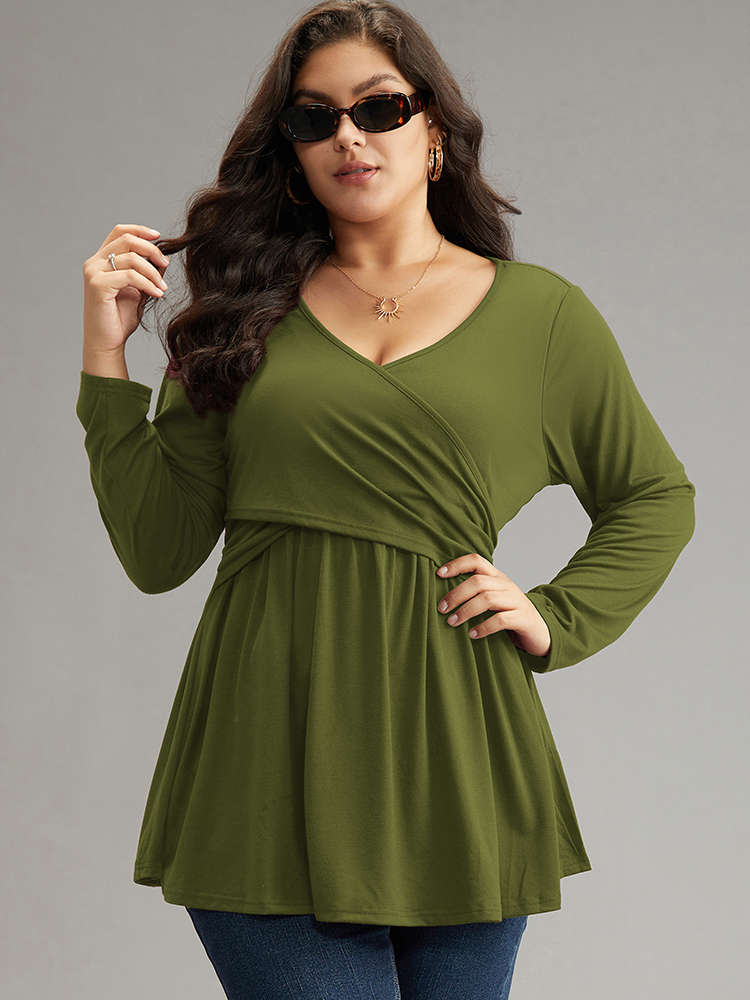 

Plus Size Solid Crossover V Neck Ruffle Hem T-shirt ArmyGreen V-neck Long Sleeve Elegant Jersey Tops