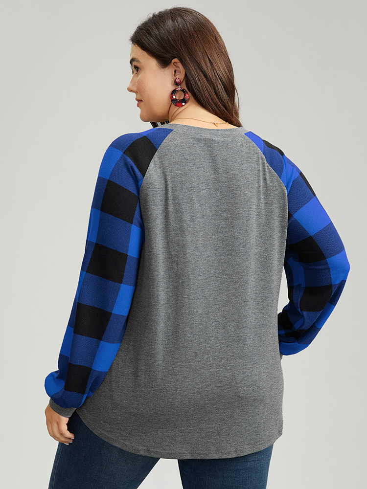 Plus Size Plaid Christmas Trees Round Neck T-shirt Blue Women Casual Contrast Christmas Festival-Christmas T-shirts BloomChic 22-24/3X 