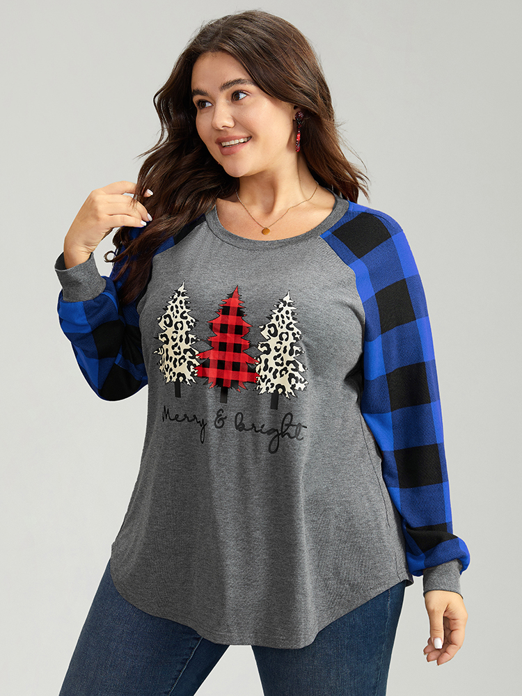 Plus Size Plaid Christmas Trees Round Neck T-shirt Blue Women Casual Contrast Christmas Festival-Christmas T-shirts BloomChic 22-24/3X 