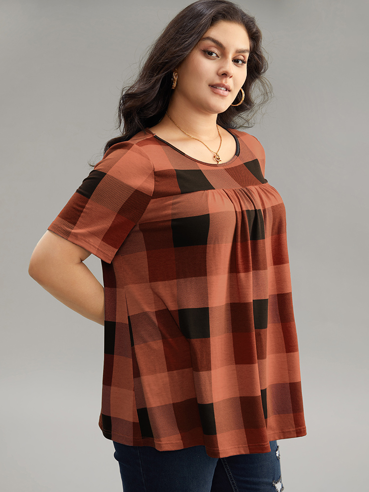 

Plus Size Plaid Round Neck Gathered T-shirt Red Women Casual Gathered Plaid Round Neck Everyday T-shirts BloomChic