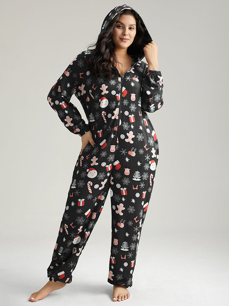 

Plus Size Christmas Graphic Hooded Pocket Sleep Jumpsuit BlackFlower Pocket Elastic cuffs Festival-Christmas Casual Sleep Jumpsuits/Rompers  Bloomchic