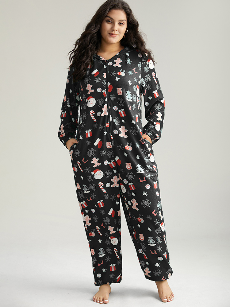 

Plus Size Christmas Graphic Hooded Pocket Sleep Jumpsuit BlackFlower Pocket Elastic cuffs Festival-Christmas Casual Sleep Jumpsuits/Rompers  Bloomchic