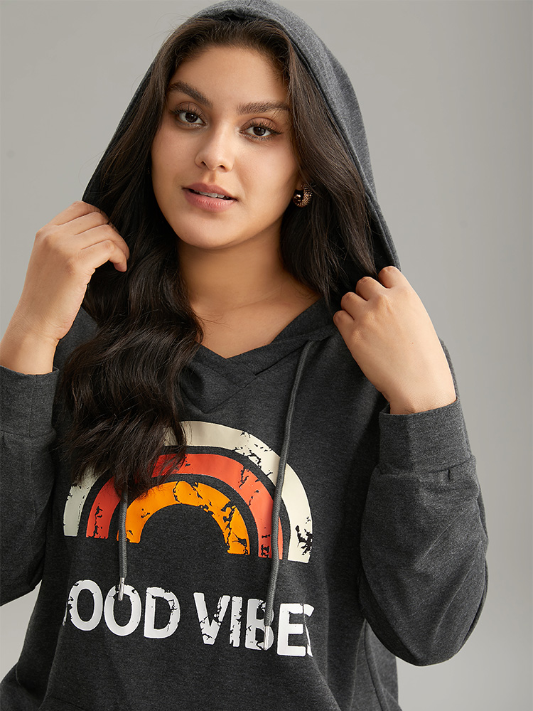 

Plus Size Rainbow Print Kangaroo Pocket Hooded Sweatshirt Women DimGray Casual Printed Everyday Sweatshirts BloomChic