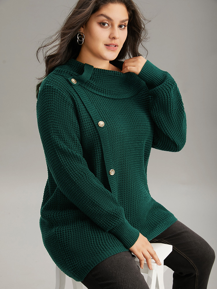 

Plus Size Supersoft Essentials Anti-Pilling Button Detail Pullover DarkGreen Women Casual Loose Long Sleeve Lapel Collar Everyday Pullovers BloomChic