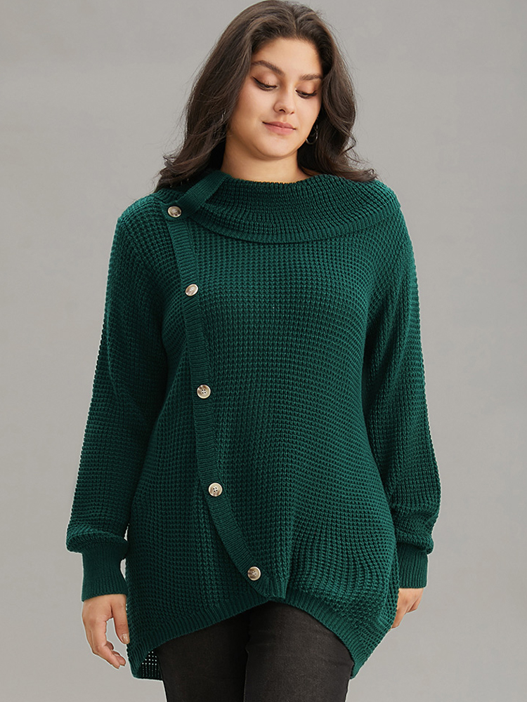 

Plus Size Supersoft Essentials Anti-Pilling Button Detail Pullover DarkGreen Women Casual Loose Long Sleeve Lapel Collar Everyday Pullovers BloomChic