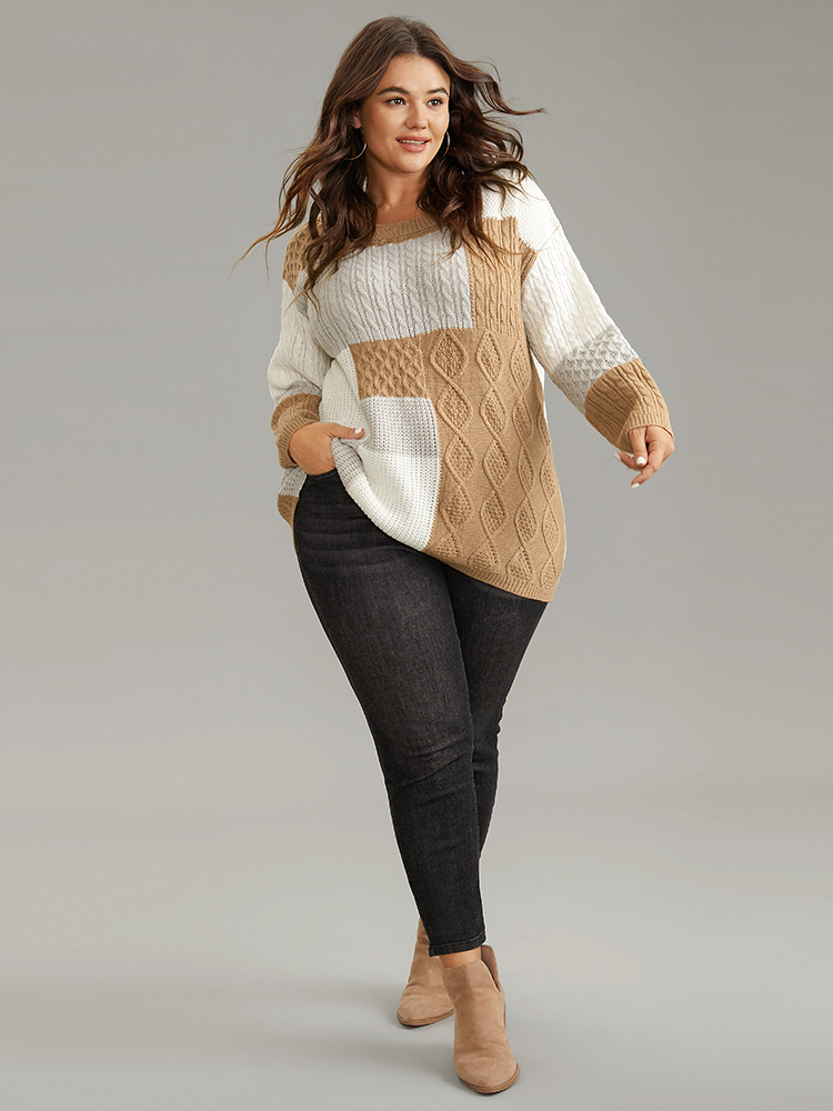 

Plus Size Cable Knit Colorblock Patchwork Pullover Multicolor Women Casual Loose Long Sleeve Round Neck Dailywear Pullovers BloomChic